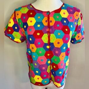 Vintage Michael Simon Multicolor Rainbow Crochet Knit Button Down Shirt